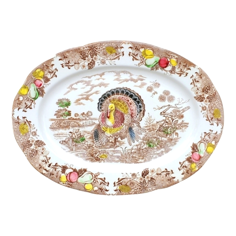 Vintage 1950's Japan Transferware Oval 16" Fruit Turkey Platter Thanksgiving